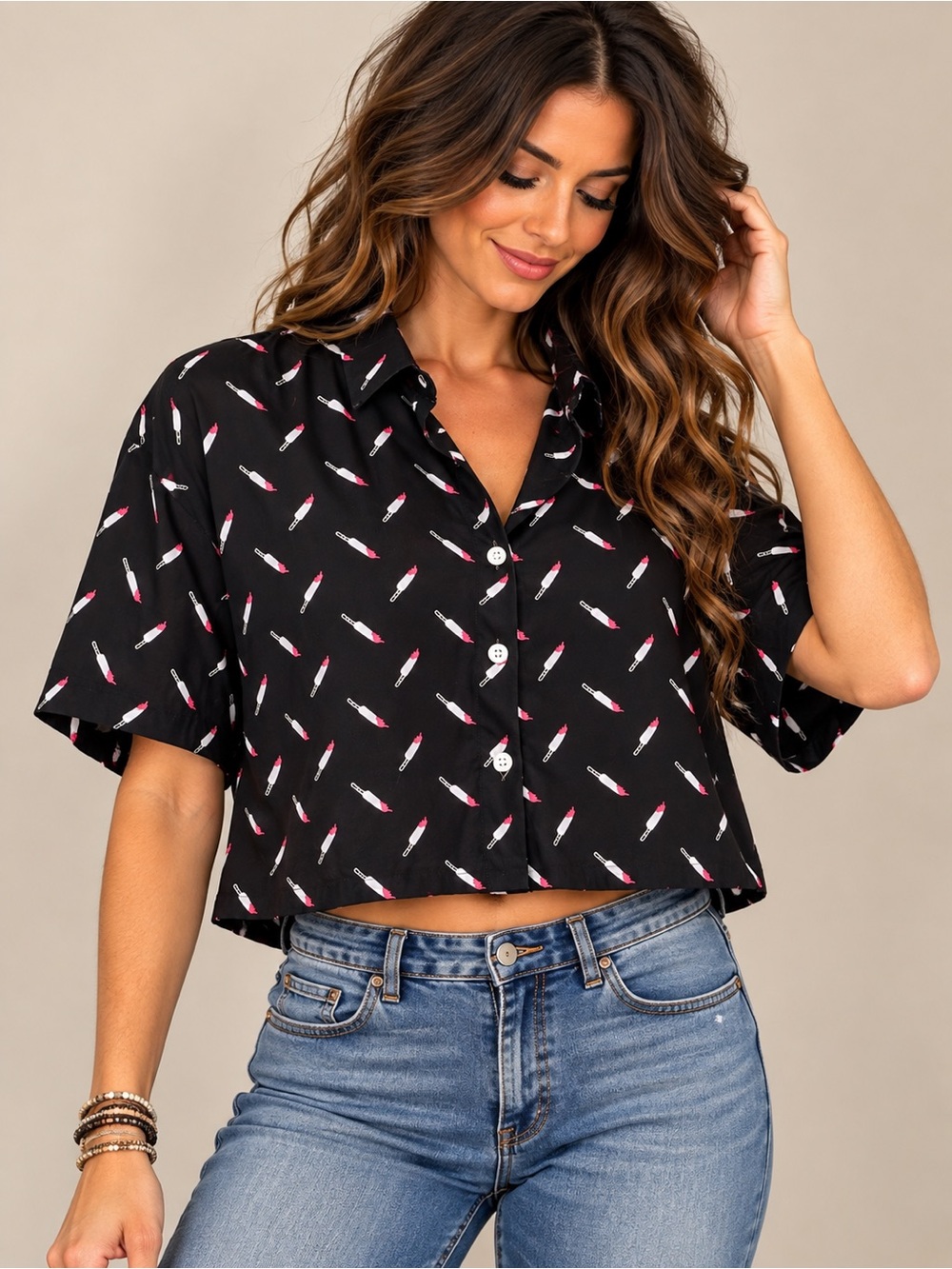 🖤 Hot Topic knife Print Cropped Button-Up Top • Size L 💋✨